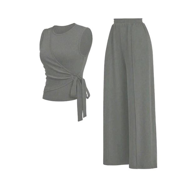 Women's Solid Color round Neck Vest And High Waisted Straight Leg Pants Two Piece Set Waist Tie Design Casual Style_ecoleips.com