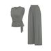 Women's Solid Color round Neck Vest And High Waisted Straight Leg Pants Two Piece Set Waist Tie Design Casual Style_ecoleips.com