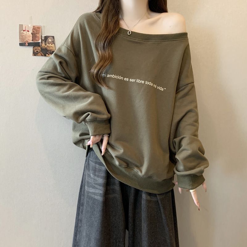 American Retro Off-Shoulder Long Sleeve Sweatshirt For Women, Autumn Winter, Fleece-Lined, Thickened, Loose Fit, Plus_ecoleips.com