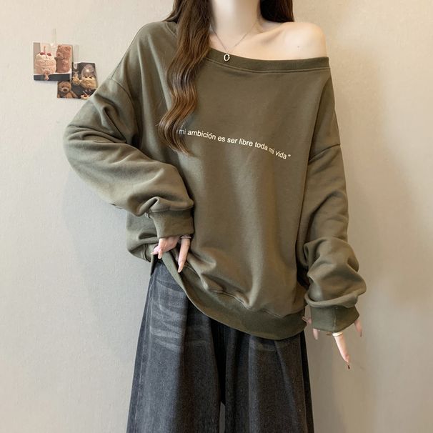 American Retro Off-Shoulder Long Sleeve Sweatshirt For Women, Autumn Winter, Fleece-Lined, Thickened, Loose Fit, Plus_ecoleips.com