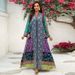 Elegant Long-Sleeve Maxi Dress – Floral Print & Rhinestone Embroidery, Polyester Blend, S-Xxl (Multi-Color)_ecoleips.com
