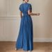 Women's Pleated Dress Solid Color Short Sleeve Long Skirt For Everyday Wear And Commuting Spring New Style Easy To Match_ecoleips.com