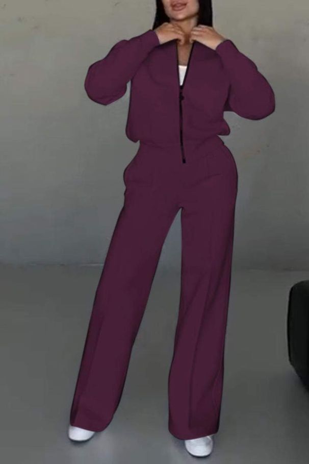 Women’s Clothing New Style Autumn and Winter Women's Casual Zipper Jacket Wide Leg Pants Two piece Set_ecoleips.com