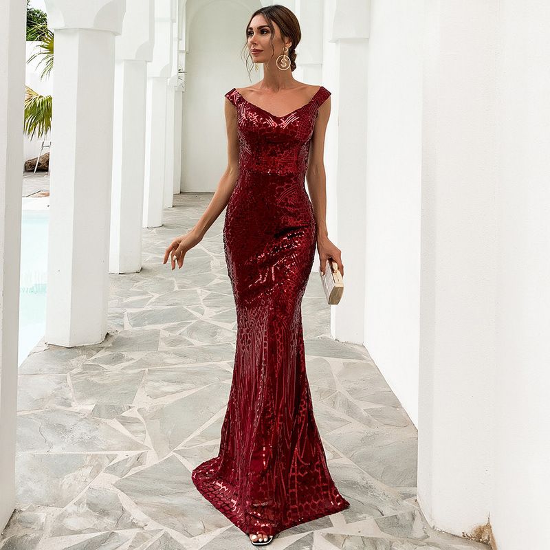 Women's dress sexy sequined tube top floor-length banquet party evening dress fishtail long skirt_ecoleips.com