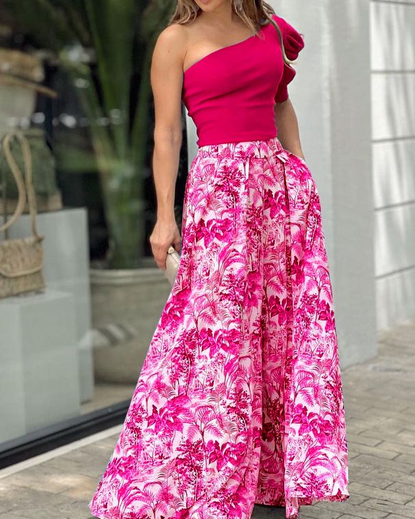 Women's Casual Loose Fit Floral Print Midi Dress Elegant Off-Shoulder European And American Style Beach Skirt_ecoleips.com