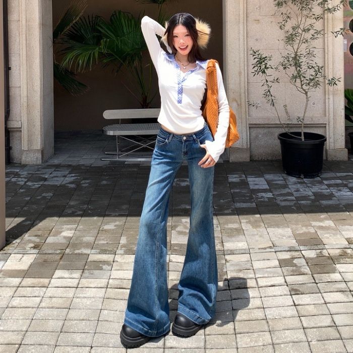 American Retro Style|Stretchy And Slimming|Women's Flared Denim Cotton Long Pants, Extra Length_ecoleips.com