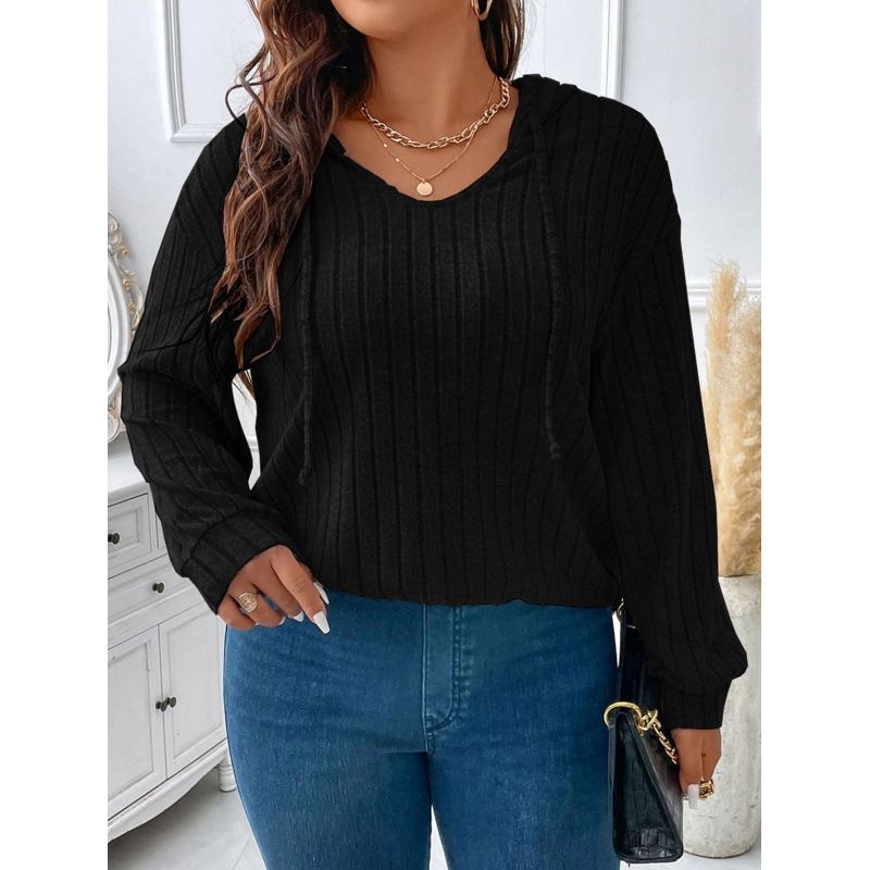 Fall/Winter Solid Color Plus Size Women's Hoodie With V-Neck, Long Sleeves, And Fringed Fleece Finish_ecoleips.com