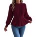 Solid Color Twist Waist Ruffle Edge Long Sleeve Pullover Sweater Women's Clothing_ecoleips.com