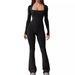 K Women's Long Sleeved Abdominal Cinching Waist Cinching Hip Lifting Square Collar Wide Leg High Stretch Jumpsuit_ecoleips.com
