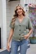 K New Waffle Casual V-neck Knitted Button Short Sleeved Cardigan_ecoleips.com