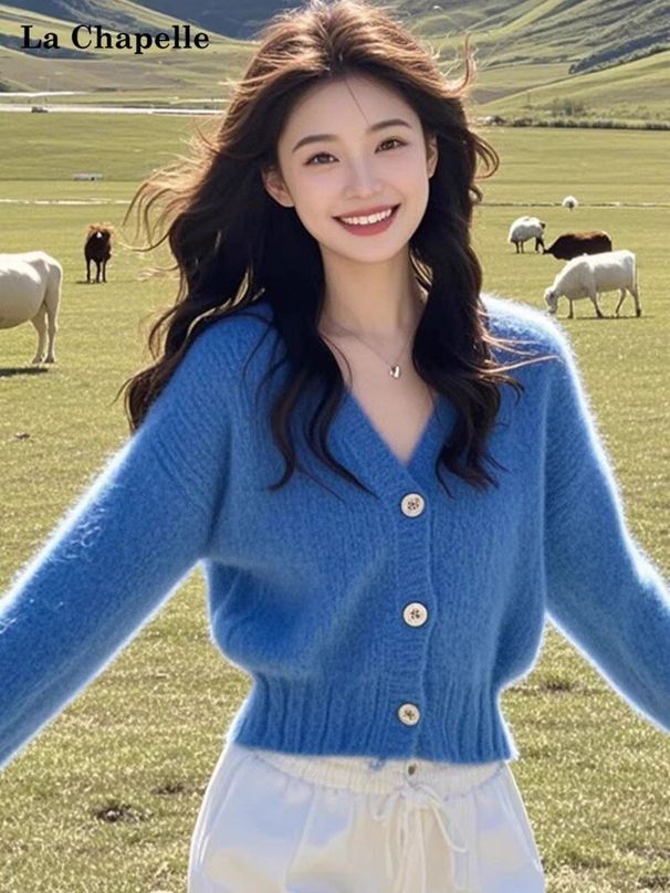 2025 Fall/Winter New French Casual Style Soft Blue V-neck Sweater Knit Cardigan Coat For Women, Short Top_ecoleips.com
