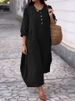 Women's Clothing Solid Color Round Neck Cotton And Linen Long Sleeves Casual Double Side Pocket Button Long Dress_ecoleips.com