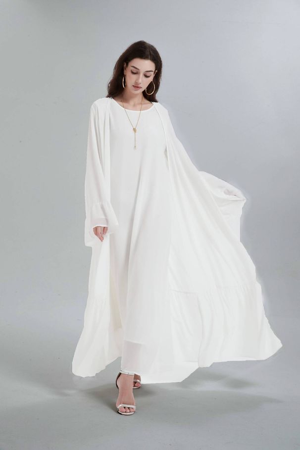 Verve Muslim Women's Chiffon Flared Sleeve Set Abaya (Cardigan Inner Wear + Belt) MSL0666_ecoleips.com