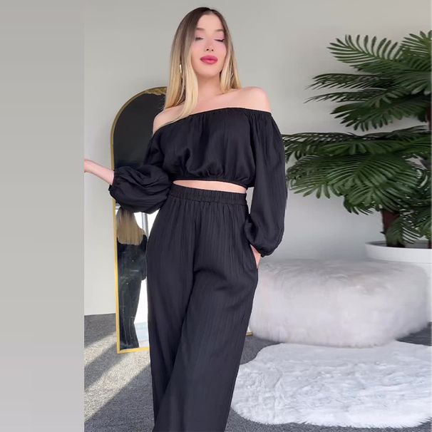 Women's Clothing Solid Color One Shoulder Navel Baring Top Casual Trousers Suit_ecoleips.com