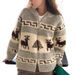 Christmas Knit Zip-Up Cardigan – Embroidered Floral & Animal Print Oversized Sweater Coat (Gray/Black) | Heavy Jacquard Pullover_ecoleips.com