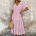 Women's V Neck Puff Sleeve Plush Dress Ruffled Short Sleeved Style Fashion Bestseller_ecoleips.com