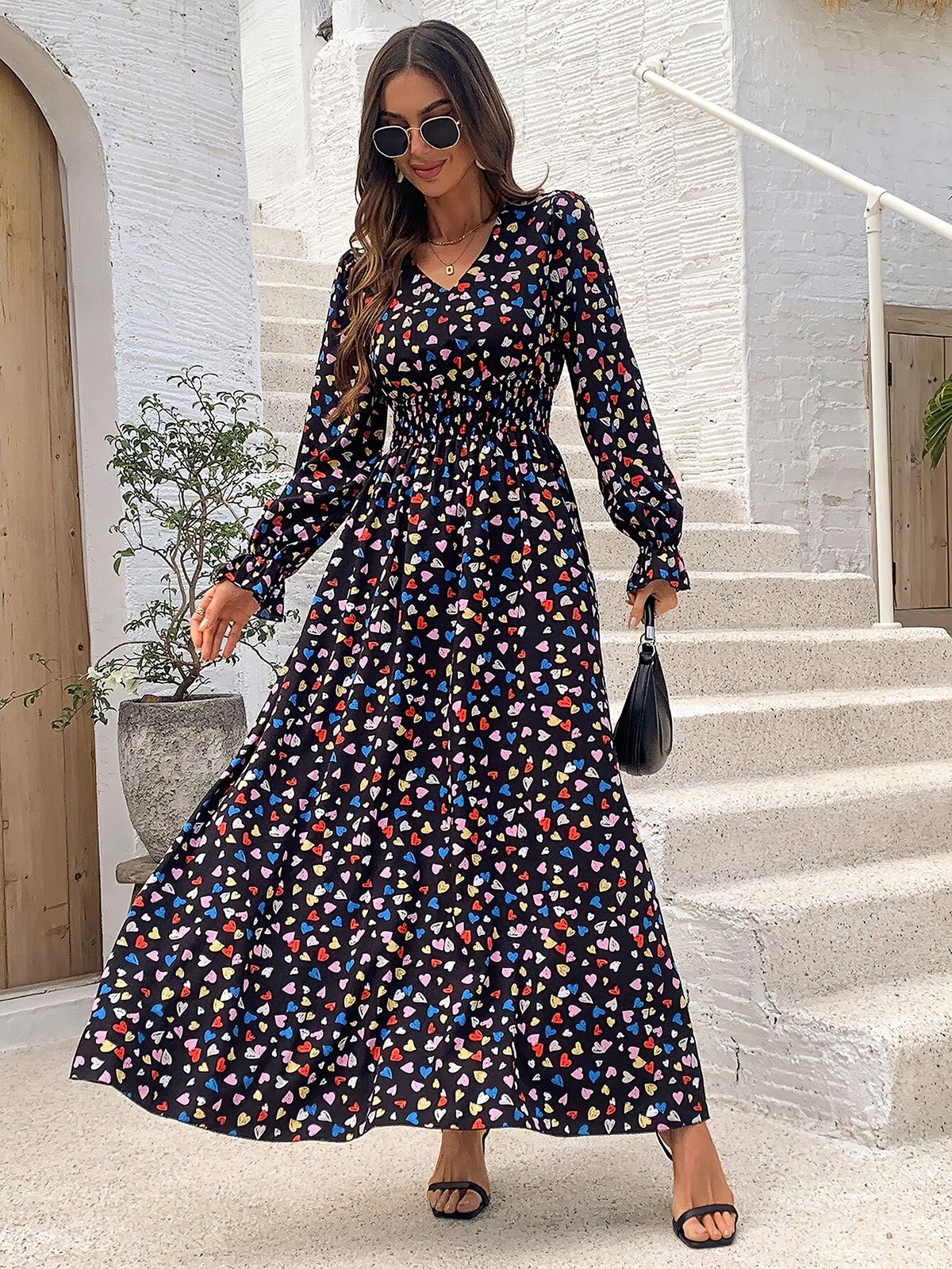 Autumn Women's V-Neck Waist-Cinching Long Printed Dress_ecoleips.com
