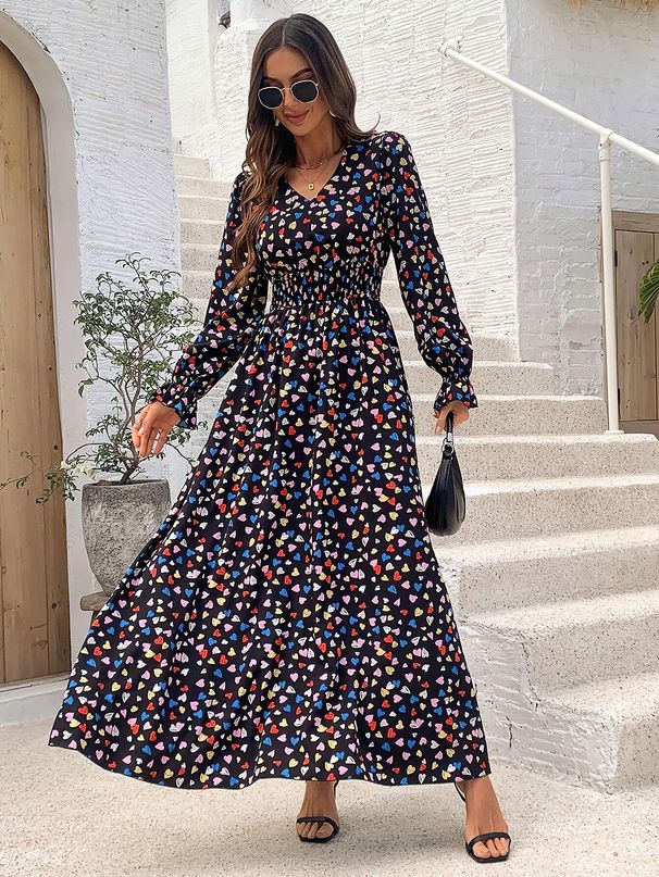 Autumn Women's V-Neck Waist-Cinching Long Printed Dress_ecoleips.com