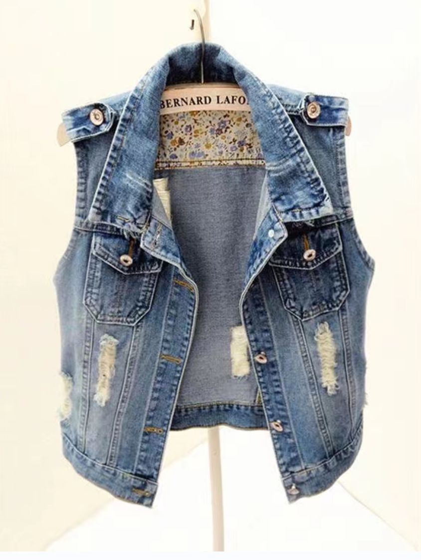 Vintage Washed Denim Vest With Distressed Details – Oversized Streetwear Jacket (Navy, XS-6XL)_ecoleips.com