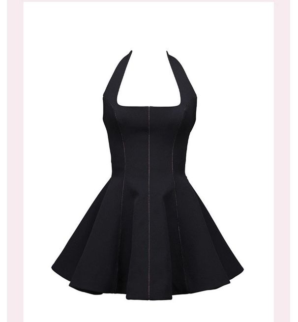 In Stock 2025 New European And American Style Halter Neck Backless Waist-cinching Puffy Short For Women Summer Solid_ecoleips.com