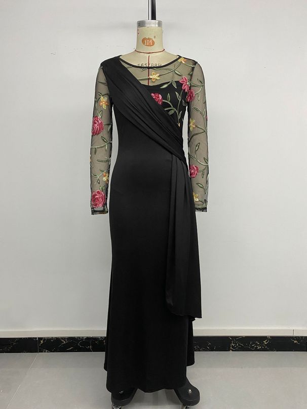 K New Retro Party Round Neck Mesh Embroidered Patchwork Long Sleeved Dress With Waist Cinching_ecoleips.com