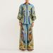 Voya Women's Fashionable And Elegant Lapel Print Straight Leg Pants Casual Set, High-end Blue Print_ecoleips.com