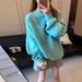 Lake Blue High-end Round-neck Letter Embroidered Pullover Sweatshirt Autumn Loose-fit Top For Petite Women, Trendy 3434_ecoleips.com