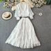 Women's Clothing Autumn Lantern Sleeve Long Sleeve Hollow Lace Splicing Shirt A Line Skirt Suit Dress_ecoleips.com