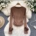 Women's Clothing long sleeved round neck T shirt for women in autumn with three dimensional flowers, pleated slim fit design, bottoming shirt top_ecoleips.com