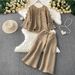 Premium Pleated Top & High-Waisted Wide-Leg Pants Set – Textured 3D Detailing Two-Piece Outfit (Pink/Blue/Tan/Black)_ecoleips.com