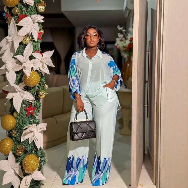 Print Lounge Set – Long Sleeve Shirt & Straight Leg Pants (S-Xxl, Light Blue, Polyester) Office-Ready Twist_ecoleips.com