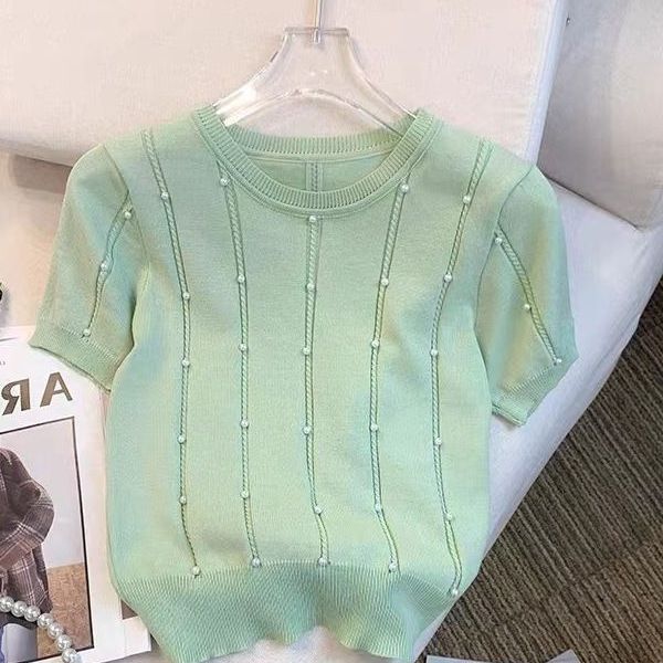 Women's Clothing Summer New Style Slim Fit Short Sleeve T-Shirt Versatile Ice Silk Knit Designer Thin Top Simple Niche_ecoleips.com