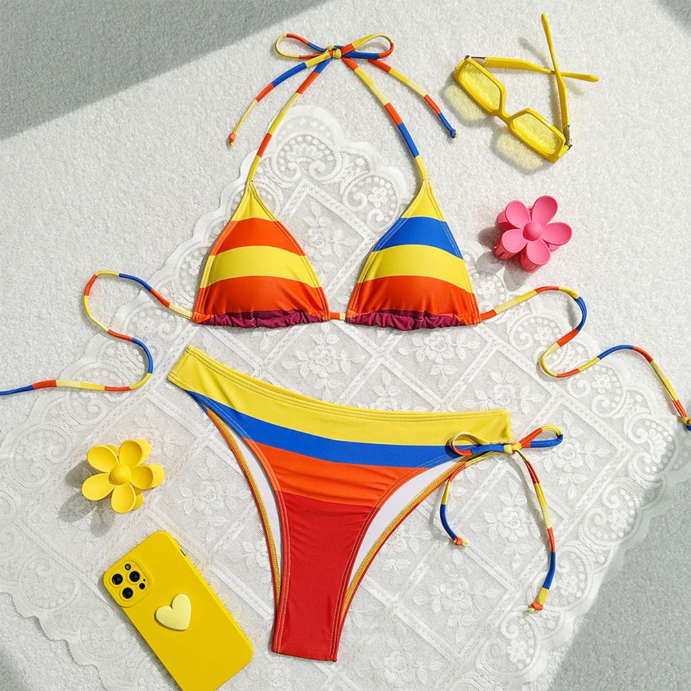 Women's Clothing Women's Candy Colored Striped Two Piece Swimsuit Open Back Fresh Bow Bikini Set Beach & Pool Ready_ecoleips.com