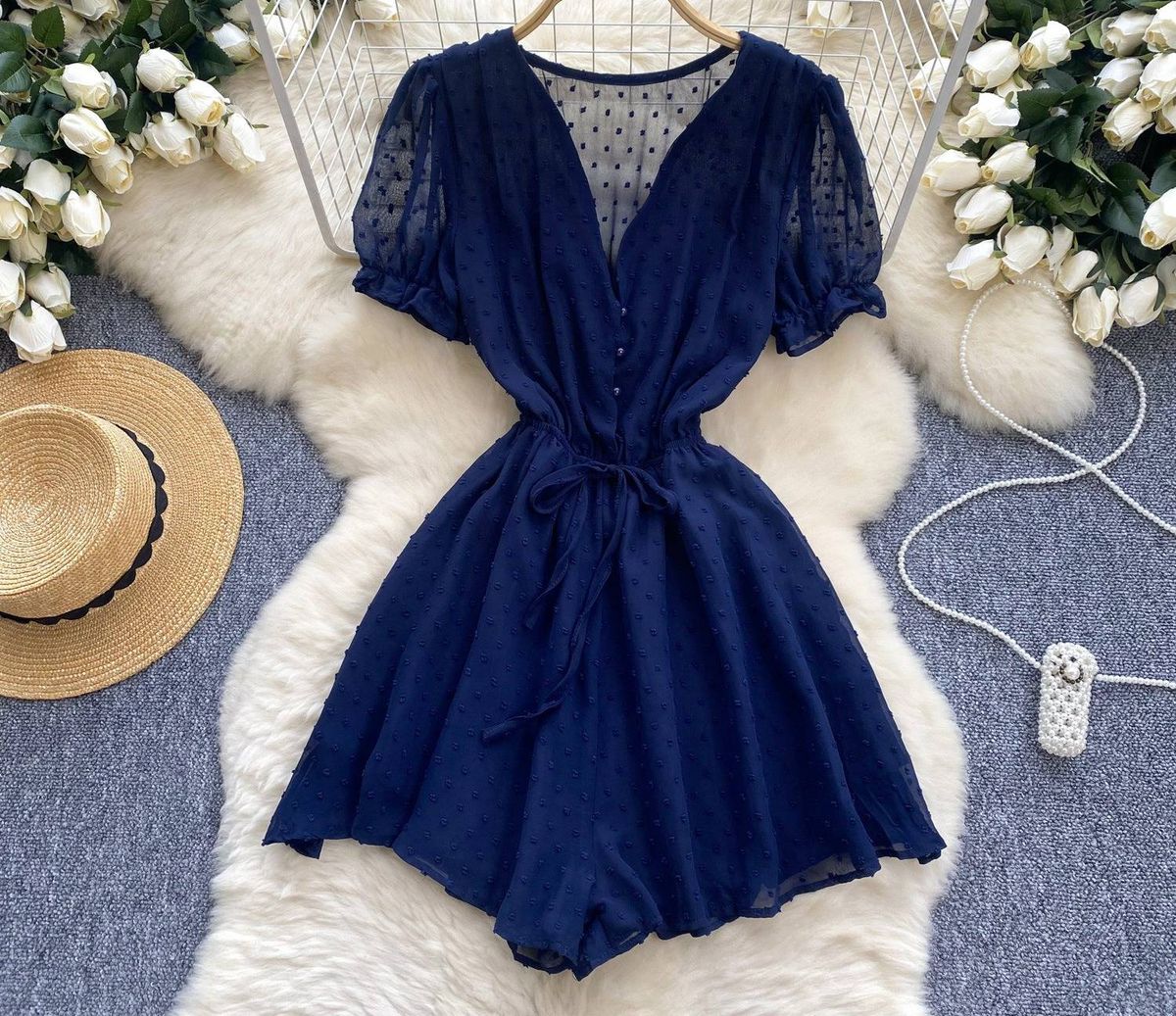 Women's Summer V-Neck Jumpsuit Puff Sleeve Tie Waist Wide Leg Beach Vacation Romper Versatile Style Polyester_ecoleips.com