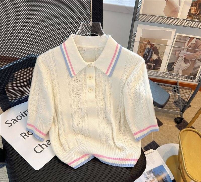 Sweet Korean-Style Women's Polo Stripe Knit Top Summer Casual Short Sleeve Tee Contrast Color Design_ecoleips.com