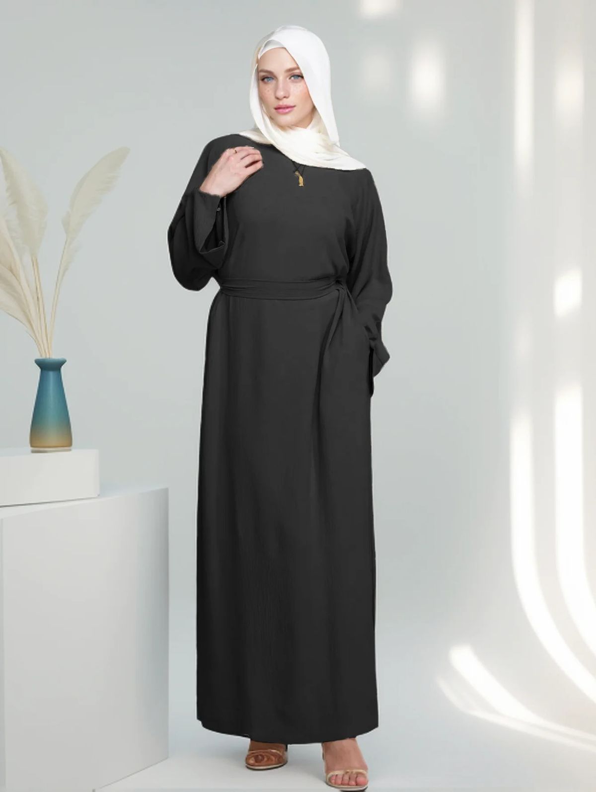 2025 New Plain Color Cuff Split Muslim Clothing Long Fashion Elegant Cover-up Dress Robe_ecoleips.com