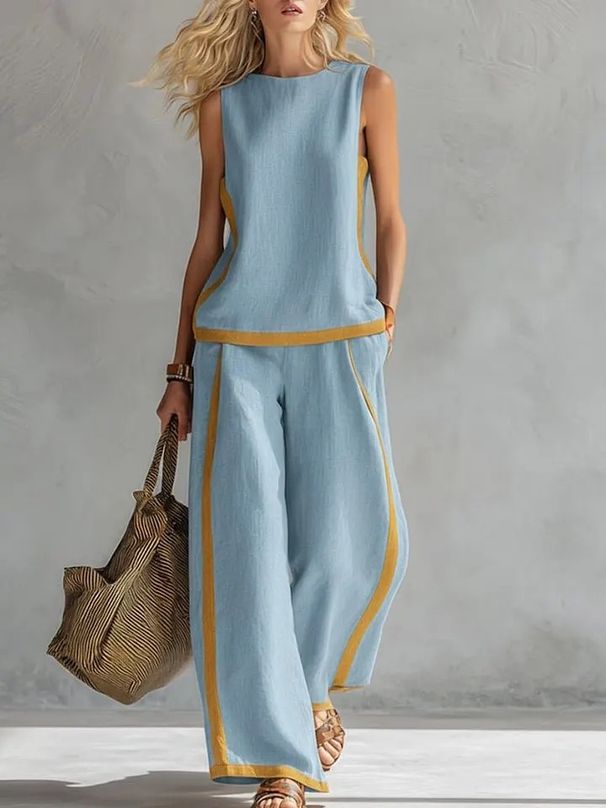 Women's Casual Sleeveless Round Neck Top & High-Waisted Wide Leg Pants Set – Comfortable Loungewear, Versatile Outfit For Work & Leisure_ecoleips.com