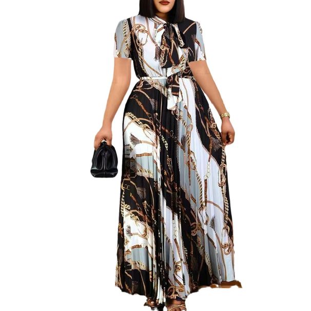 Women's Short-sleeved Printed Pleated Straps Long Skirt Plus Size_ecoleips.com