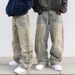 Women's Clothing Retro Flame Stitching Wide Leg Jeans Y2k Hip Hop Punk Raw Edge Embroidery Jeans_ecoleips.com