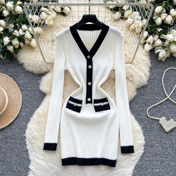 Elegant Inspired V-Neck Long Sleeve Knit Dress With Contrast Trim & Waist-Defining Metal Buttons – Slimming & Stylish_ecoleips.com