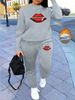 Women's Autumn And Winter Hip-hop Casual Street Lip Print And Zipper Pattern Print Round Neck Sweatshirt+sports Pants Set-602_ecoleips.com