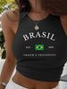 Brazilian Flag Print Crop Top - Stretchy Polyester, Short Sleeve, Bodycon Fit For Women, Summer Casual & Streetwear (Customizable, S/M/L/XL)_ecoleips.com