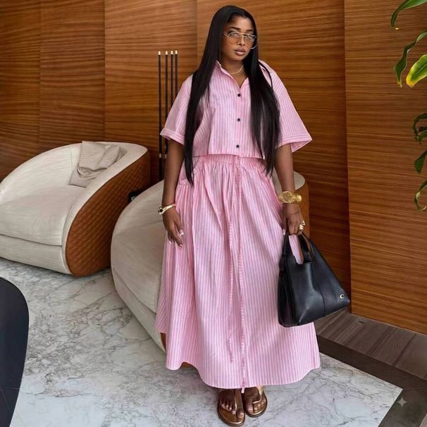 European And American Collar Striped Short Sleeved Cardigan Shirt, High Waist Slim Fit Tied Skirt, African New Fashion Two-piece Set_ecoleips.com
