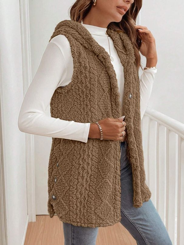 Women's Clothing Reversible Fleece Hooded Cardigan Vest - Soft & Stylish Casual Outerwear For Autumn & Winter_ecoleips.com