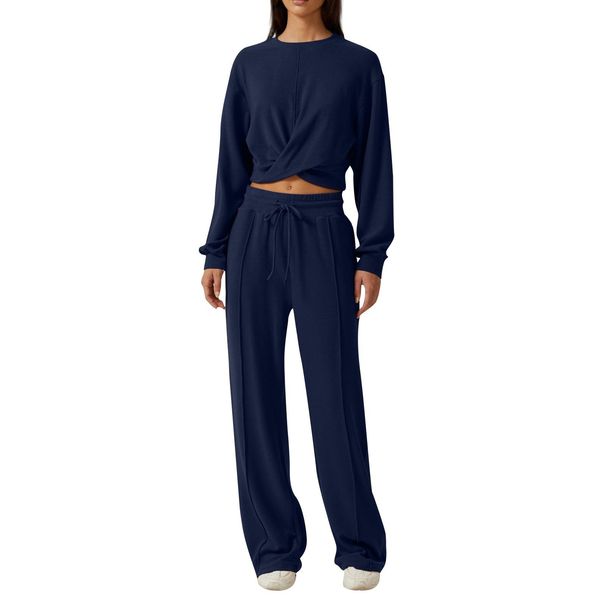 Women's Solid Color Drawstring Waist Wide Leg Trousers Casual Long Pants Set_ecoleips.com