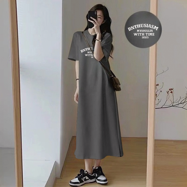 Plus Size Women Casual T-Shirt Dress Summer Loose Short Sleeve Letter Print Long Maxi Dress Camel Streetwear Sundress_ecoleips.com
