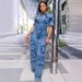 Women's Clothing Washed Overalls Multi Pocket Button Denim Jumpsuit Short Sleeved Trousers_ecoleips.com