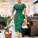 Plus Size V-Neck Ruffled Dress - High Waist Solid Color Summer Dress (European & American Style, Tunic Length, Short Sleeve)_ecoleips.com