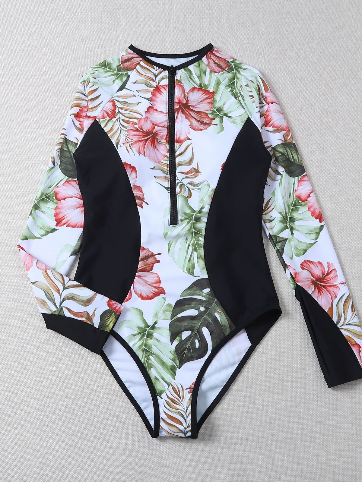 Women's Swimwear First Seen New Tight Slim Printed Sexy One-Piece Swimsuit Women's Foreign Trade Sports Long Sleeve Zipper Bikini_ecoleips.com