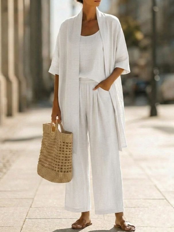 Women's Summer Casual Three Piece Set European American Style Straight Leg Solid Color Travel Vacation Comfortable mid Waist Polyester_ecoleips.com